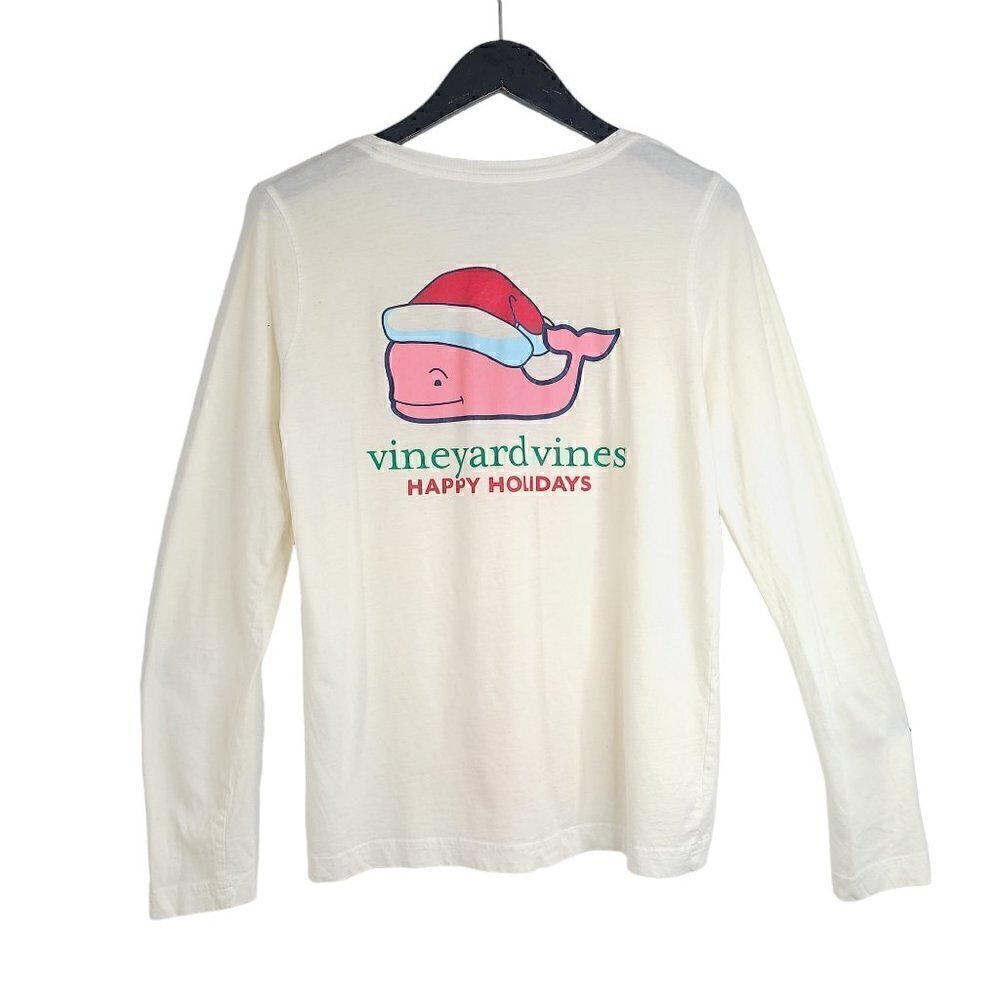 VINEYARD VINES Happy Holidays Santa Hat OVERSIZED Cotton Off White Long Sleeve